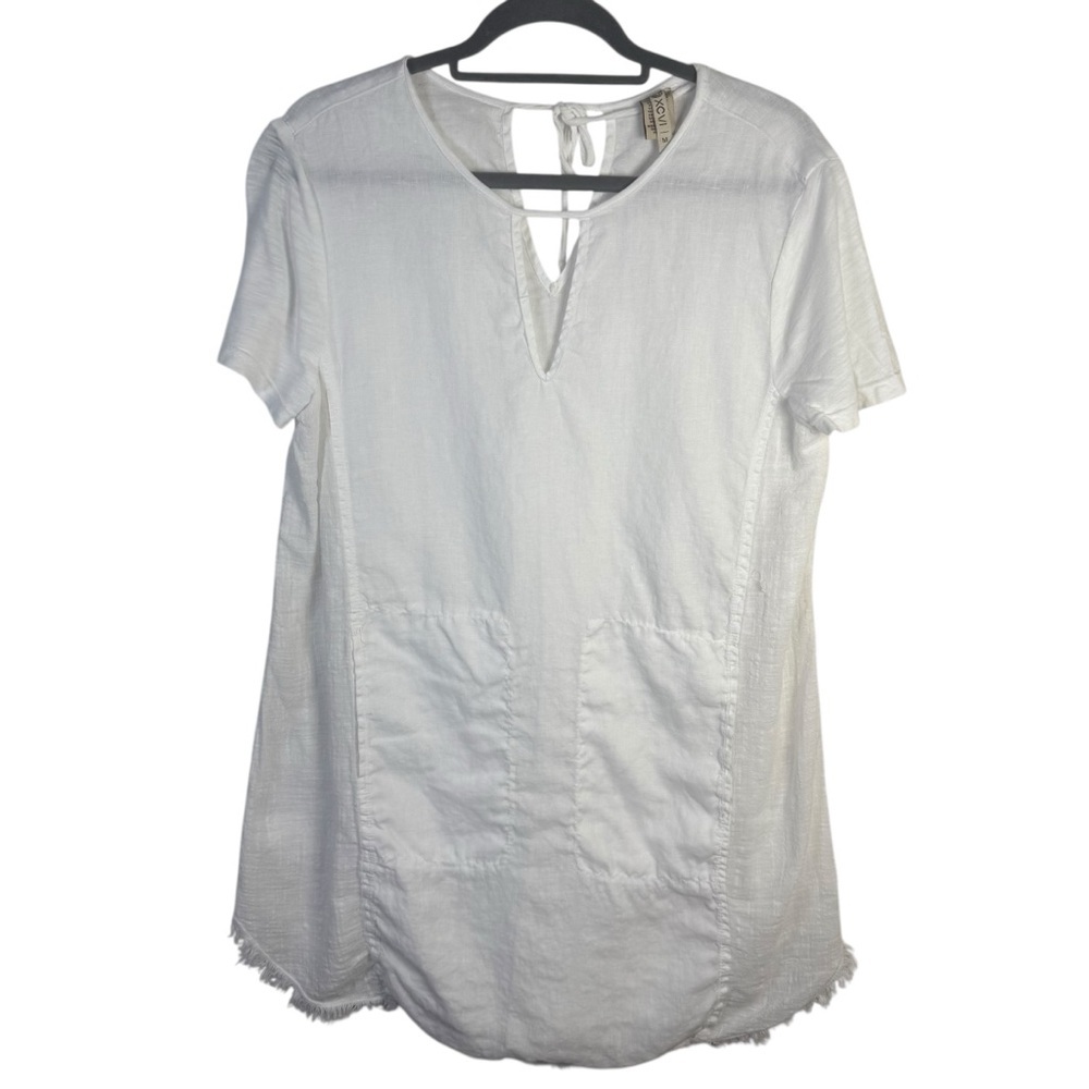 XCVI White Linen‎ and Cotton Short Sleeve Tunic Top Size Medium Raw Hem Pockets